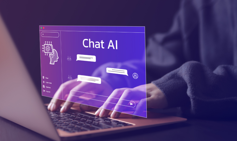Person typing on laptop with AI chat overlay